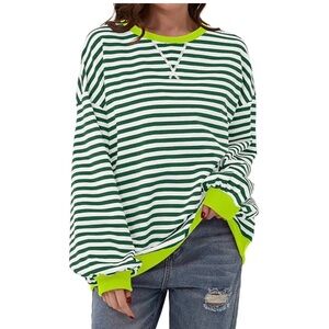 Green and White Striped Women's Sweatshirt